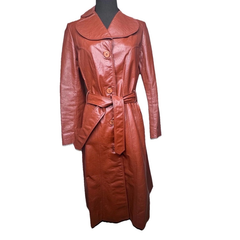 VTG Genuine Leather Jacket Trench Coat Made Korea Retro Chic Mobwife Goth Rust